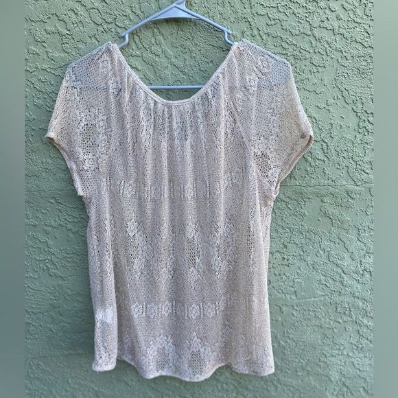 EUC LUCKY BRAND Sheer Knit Cream/Gold Flowy Boho Top Large - Picture 8 of 8